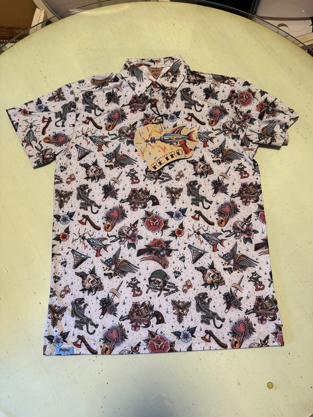 Retro Rifle The Jerry Polo Shirt Mens M Sailor Jerry Tattoo Flash Print NWT